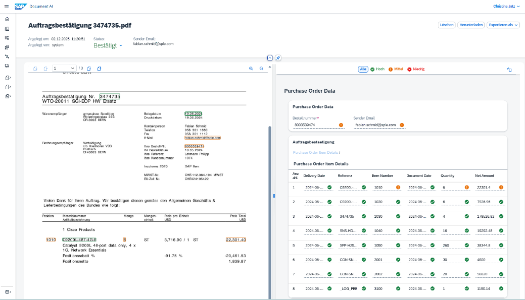 Screenshot Auftragsbestätigung Document AI NOVO